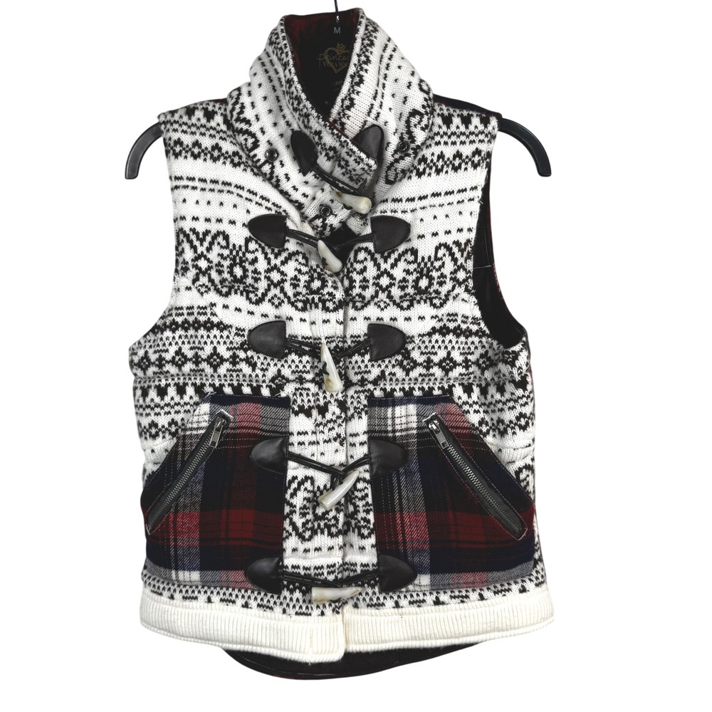 Papaya Womens M Fair Isle Plaid Toggle Button Puffer Vest Black White Red